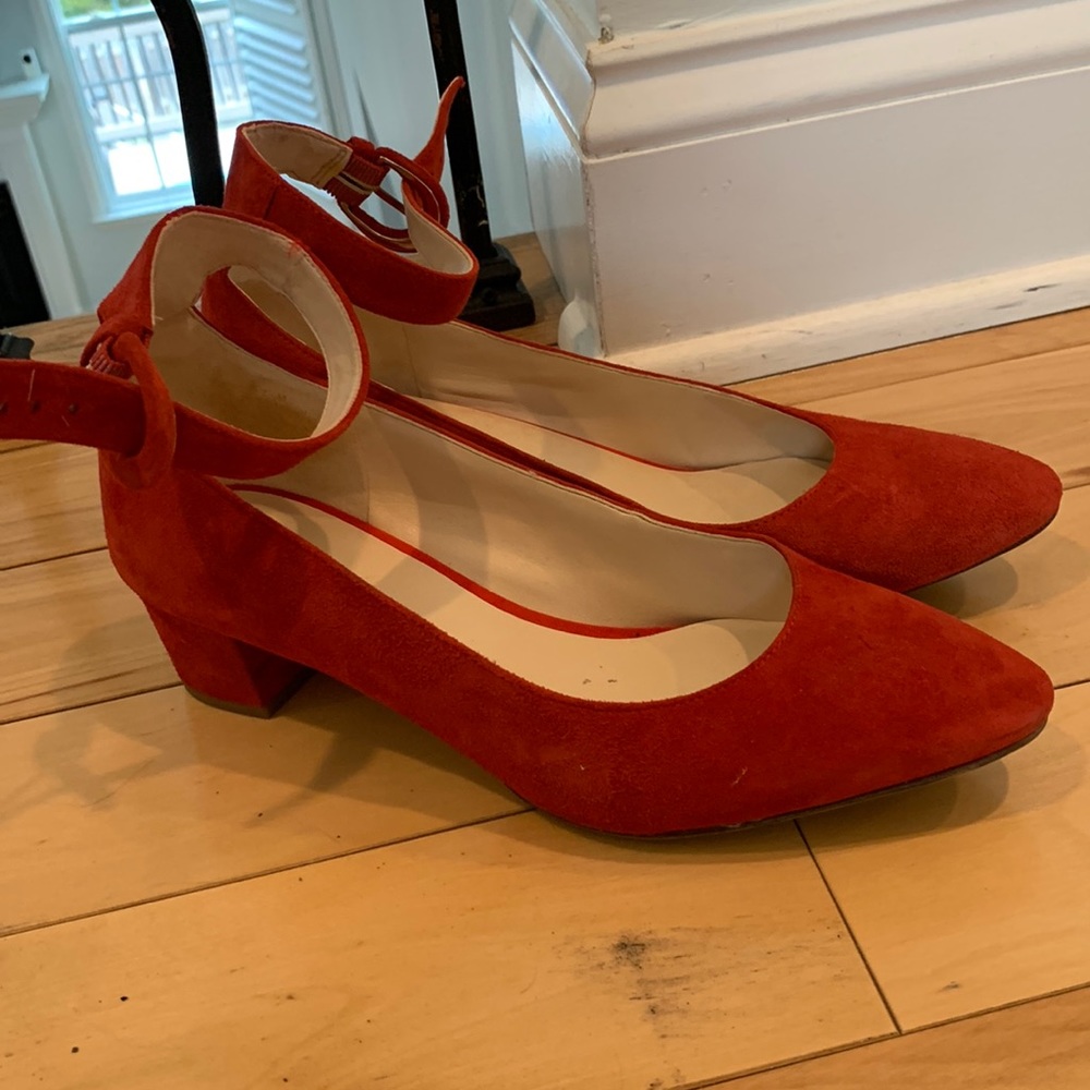 Red leather low heel ankle strap